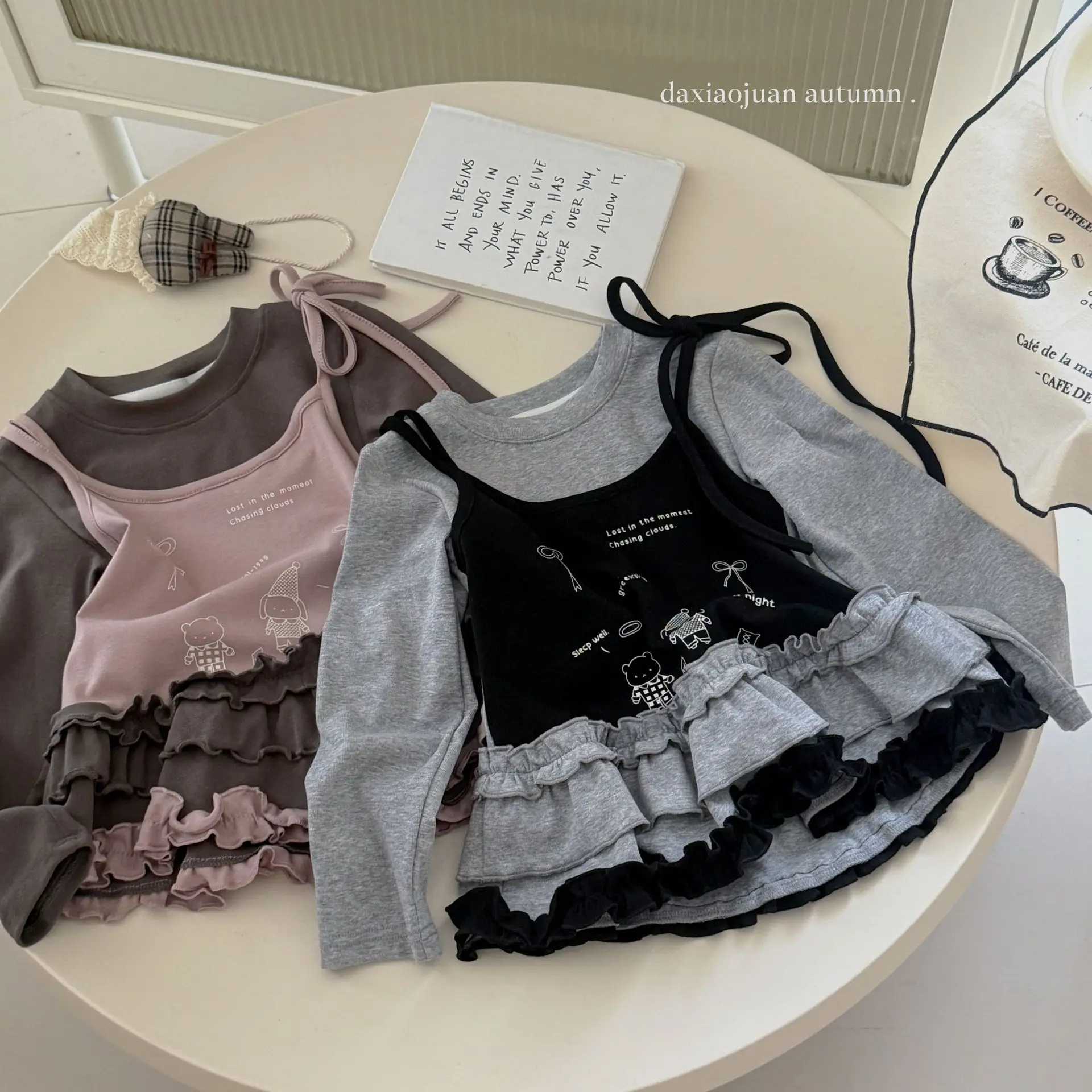 2025년 가을 한국 아동복 페이크 투피스 한국 버전 레이스 탑 여아 긴팔 베이스 셔츠