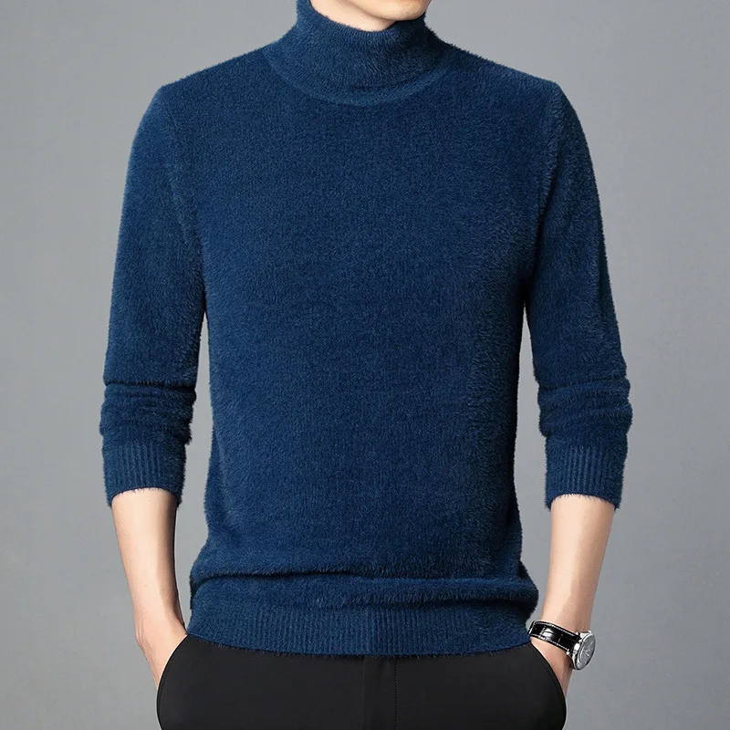 Sweater Imitation Mink Turtleneck Sweater Men's Winter Fleece Lined Padded Warm Keeping Slim Fit Base Cardigan Trendy Men