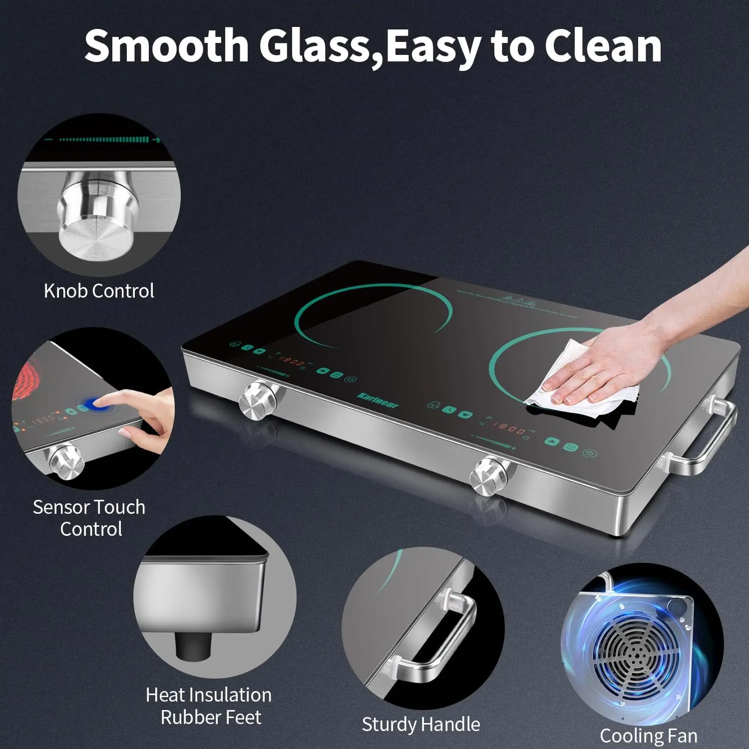 2 Burner Electric Cooktop 110V, Portable Electric Stove with Handle, Knob Control Electri Hot Plate, Ceramic Countertop