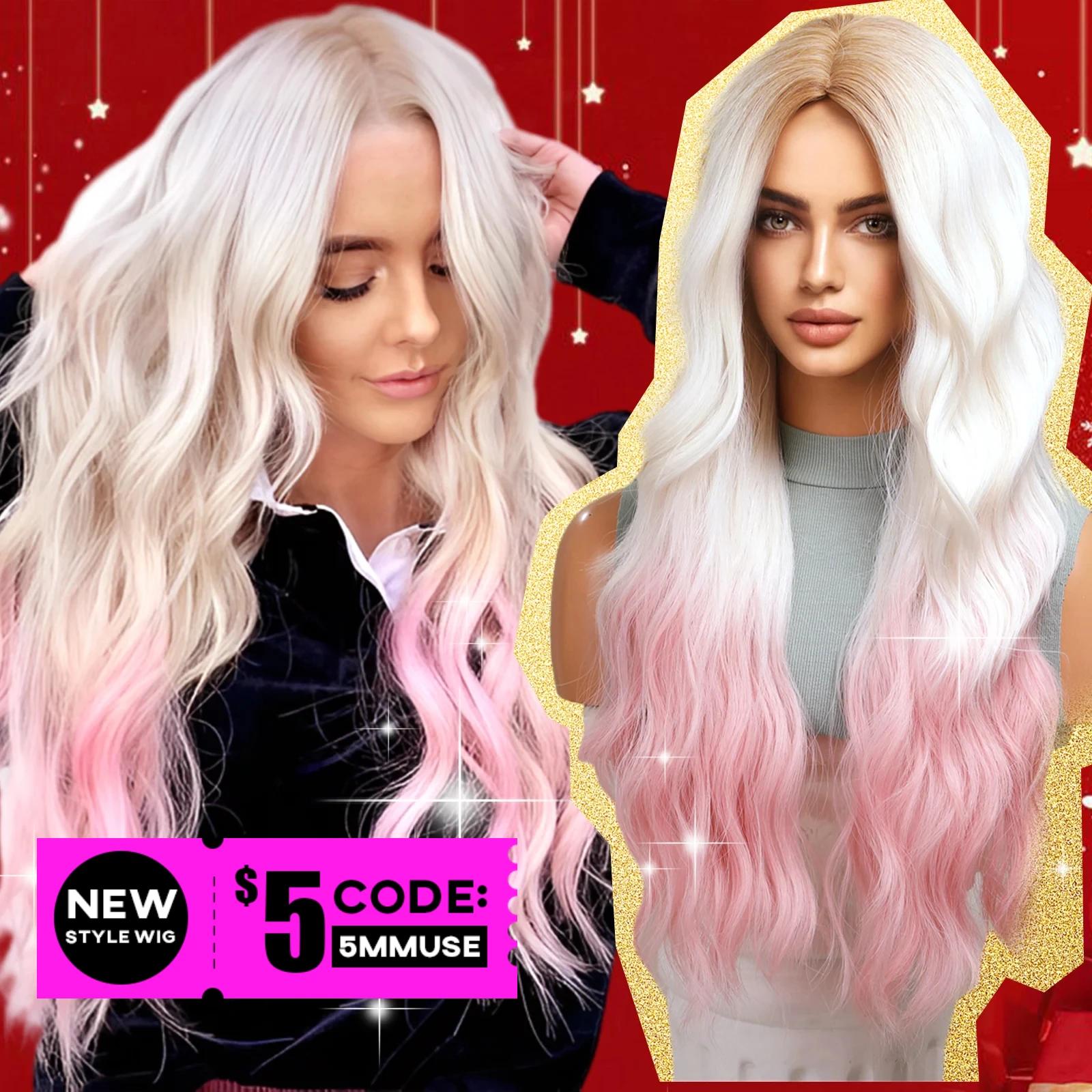 

Emmor Ombre White Pink Wig Synthetic Wavy Wigs no Bangs for Women Daily Cosplay Party Lolita Use Heat Resistant Fiber Hair Wig