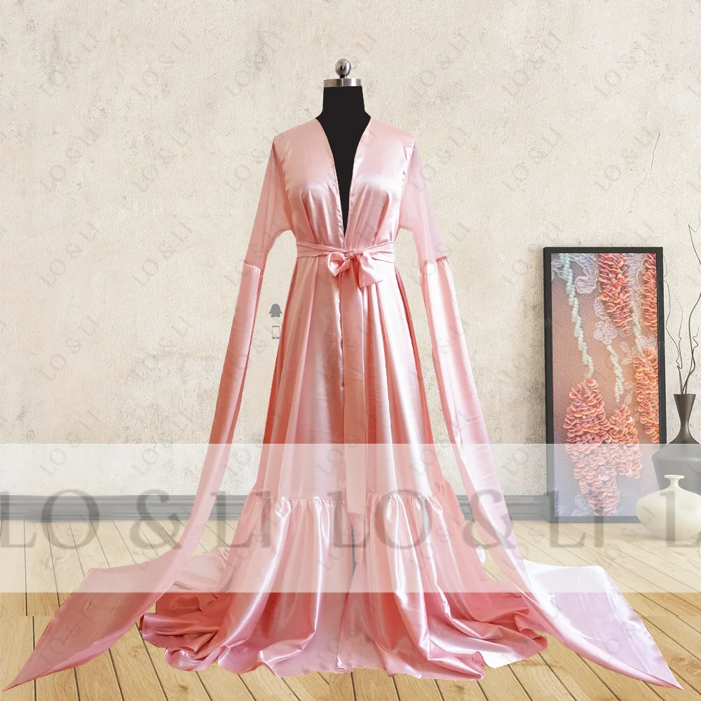 

LO&LI Real Shoot Pink Satin Robe Dress For Women Wedding Morning Robe Long Sleeve Bridal Nightgown Dresses With Belt Custom