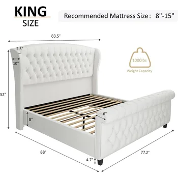 AMERLIFE King Size Platform Bed Frame, Chenille Upholstered Sleigh Bed with Scroll Wingback Headboard & Footboard/Button Tufted/ 2