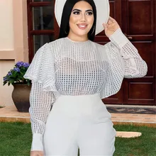 

Casual Women Blouse OL Commuter Fashion Elegant See-through Mesh Long Sleeve Solid Color Loose Patchwork Round Neck Spring Tops