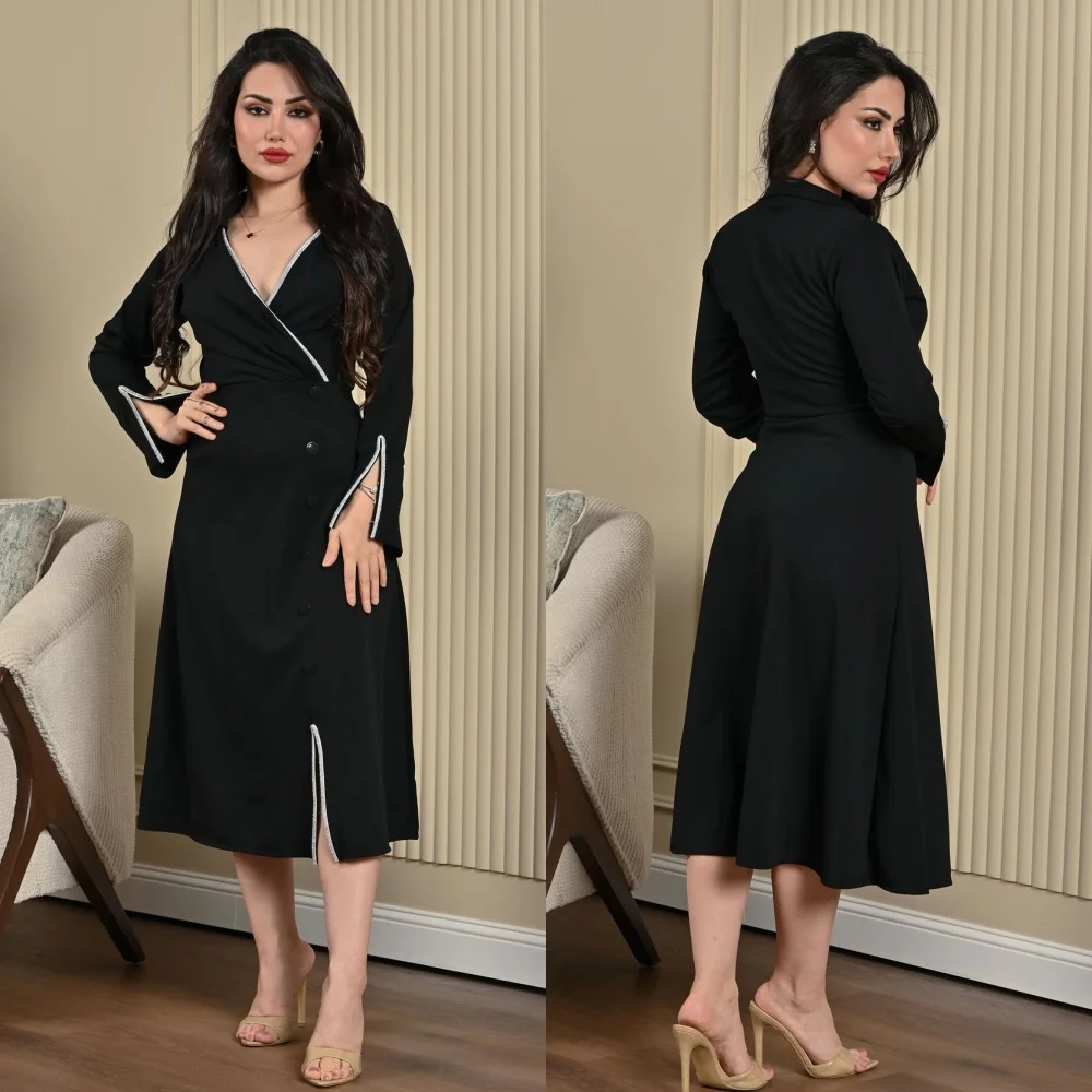 Evening Jersey Draped Sequined Pleat Christmas A-line V-Neck Bespoke Occasion Gown Midi Dresses Saudi Arabia