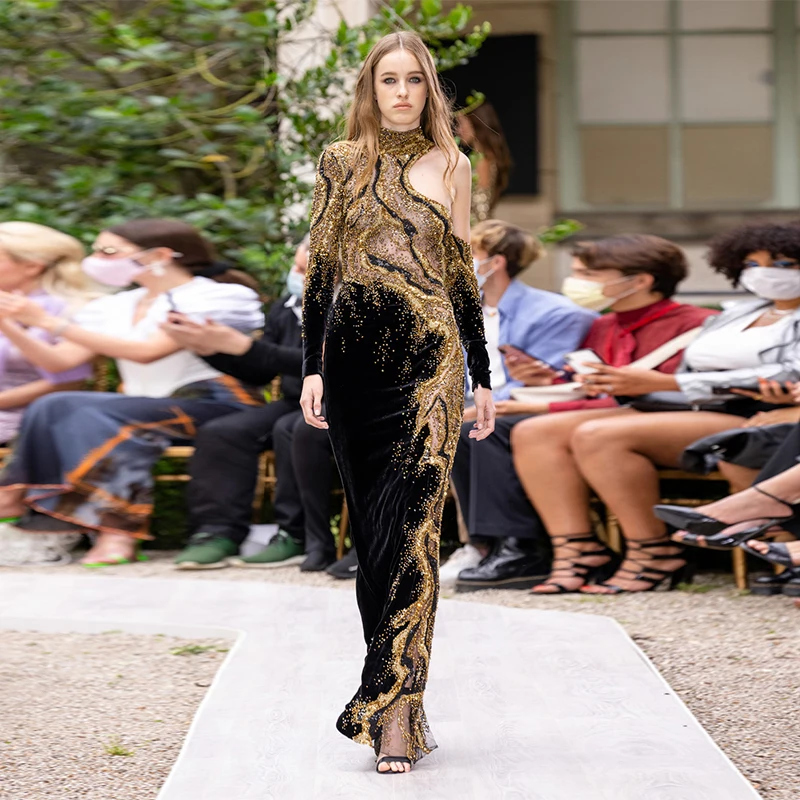 Vendita Calda Zuhair Murad Velluto Nero Maniche Lunghe Oro Bead Crystal Muslimedos De Fiesta Muslimex Arrags Craftti