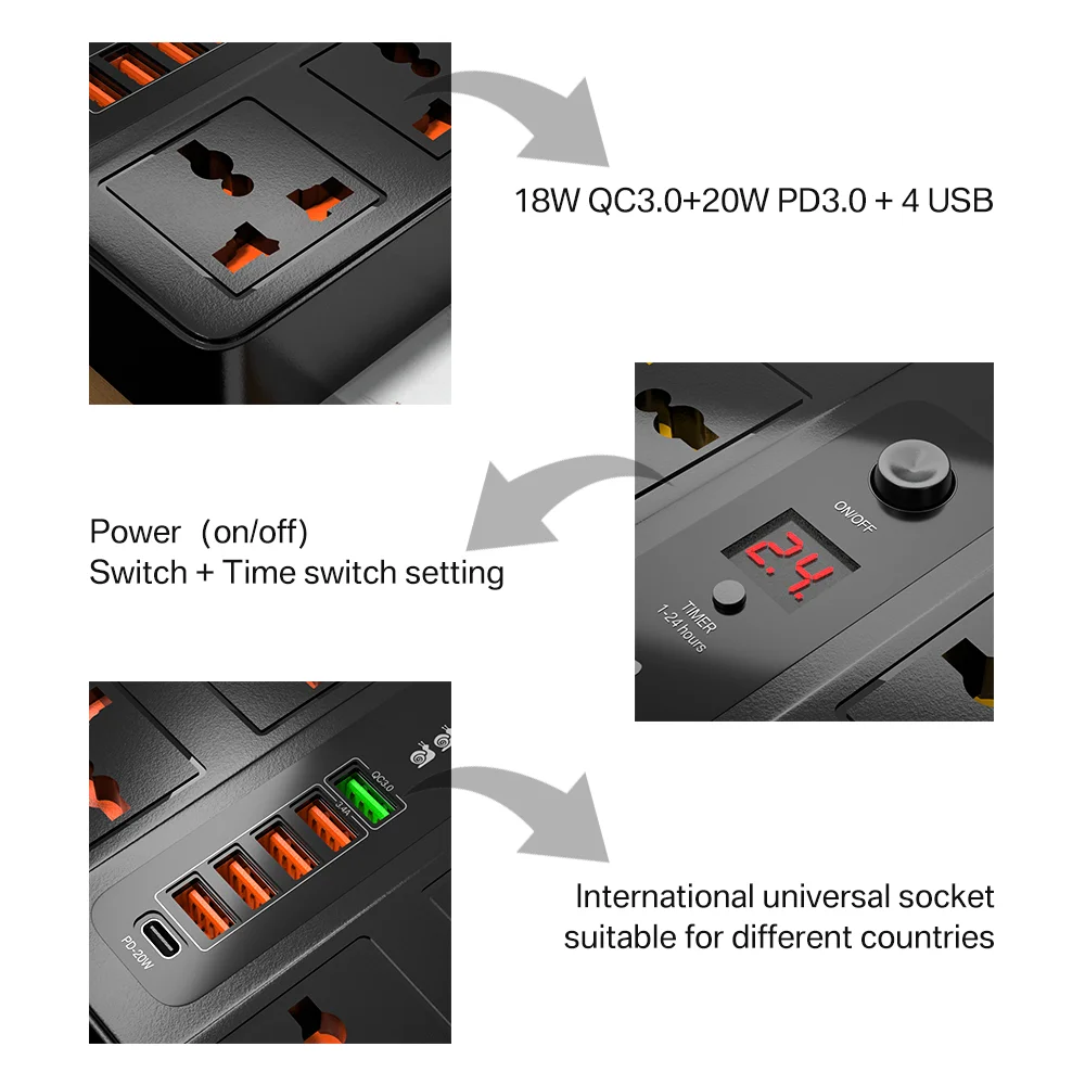 6 Ʈ 20W PD QC3.0 USB    C   ̼ , 3000W 6 AC ܼƮ  Ʈ  12 Ｚ