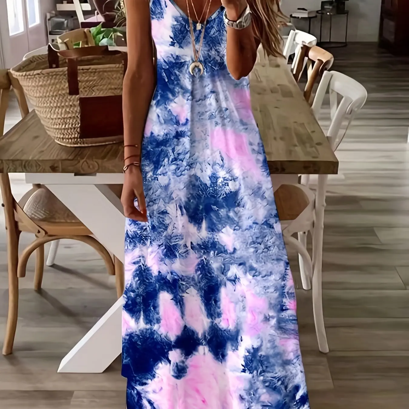 thumbnail image 1 of Vestido largo informal de corte A con tirantes y estampado de salpicaduras de degradado de verano para mujer, elegante y holgado para playa de primavera., 1 of 4