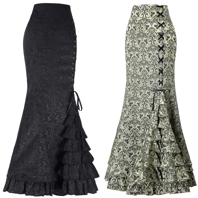 Vintage Women Punk Style Jacquard Mermaid Skirt Fashion Halloween Gothic Victorian Steampunk Long Bodycon Ruffle Fishtail Tiered