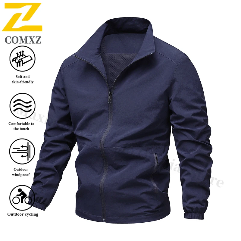 COMXZ Men's Lightweight Windbreaker Jacket for Outdoor Hiking Camping - Breathable Stand Collar Loose Fit Spring Autumn Coat