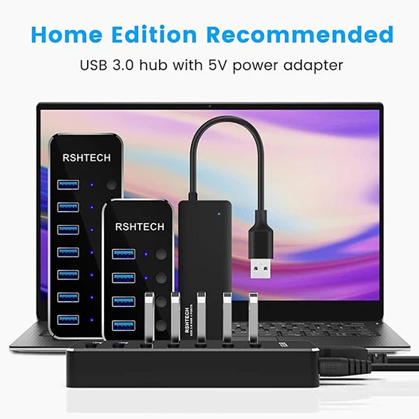Hub USB Alimenté, RSHTECH Hub USB 3.0 Aluminium avec 4 Ports USB 3.0,  Alimentation 10W(5V/2A), Câble de Données Hybride 2 en 1 (Type A/Type-C) et
