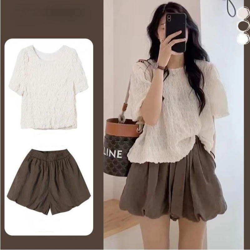 

Two Piece Sets Women Short Sleeve Top+High Waist Shorts Elegant 2 Piece Sets Womens Outfits Temperament Summer Suits 2023