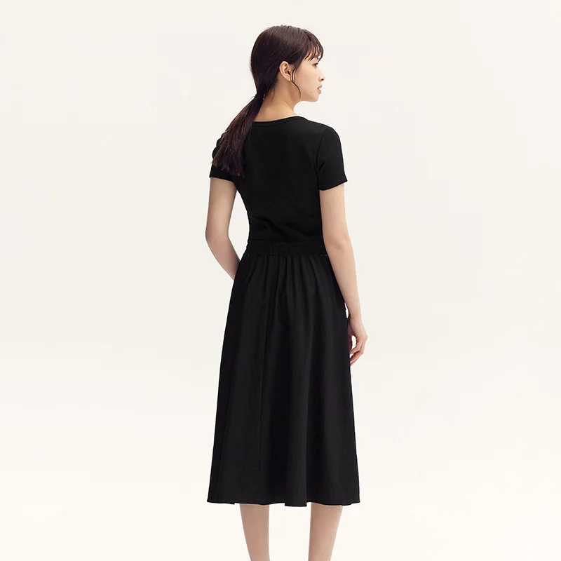 Dress Women Slim-Fit Waist-Cinching Dress Summer New Fake Two-Piece Round Neck Midi Versatile Dress