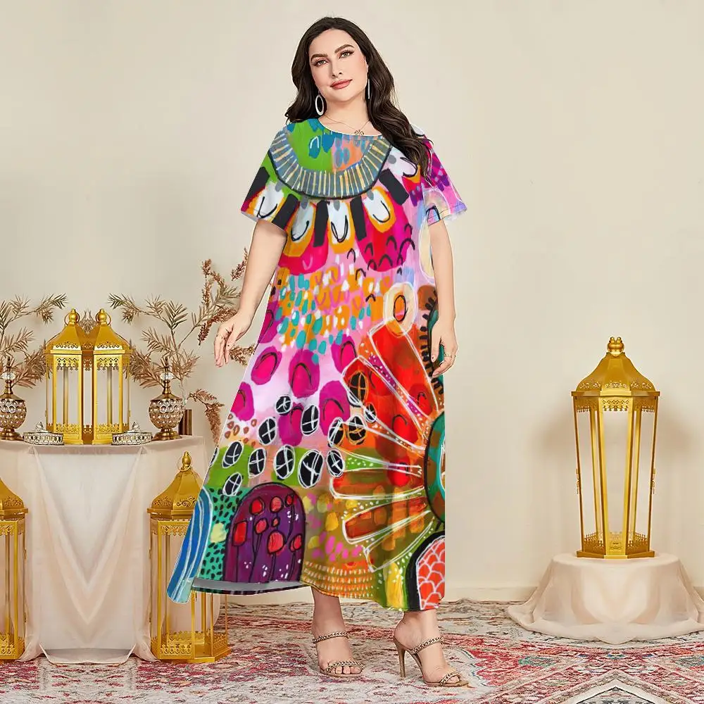 

2024 Vacation Women's Dresses Bohemian Print Midi Dresses Elegant Plus Size Female Short Sleeve Dress Fashion Summer New Style