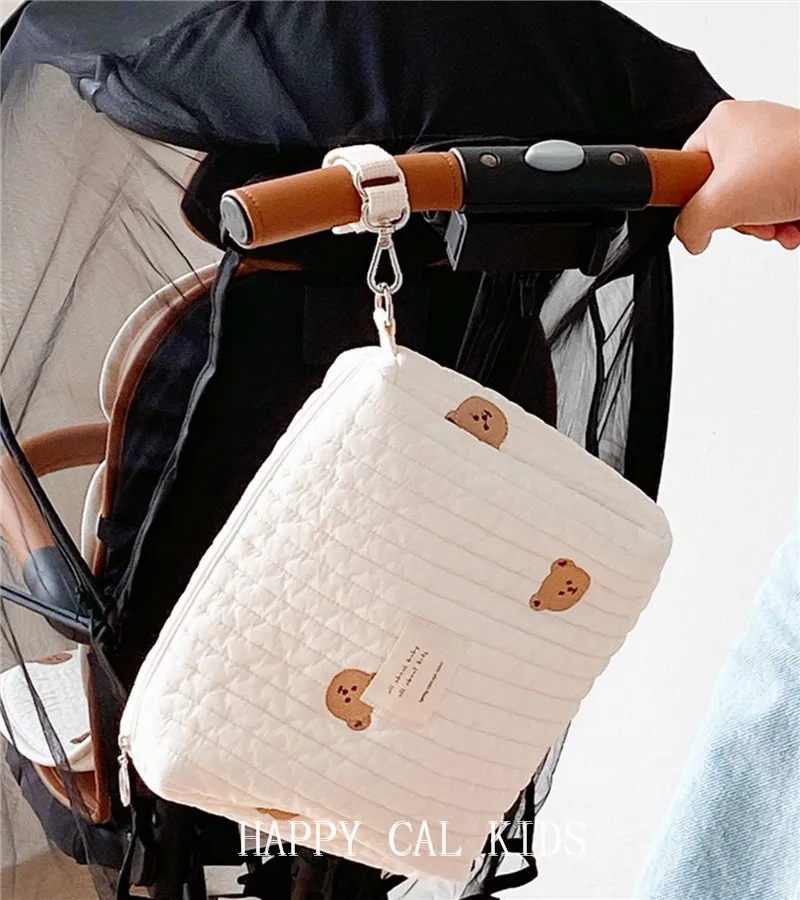 Cotton Fabric Diaper Handbag Bear Flower Embroidery Diaper Bag Stroller Accessories Storage Organizer Mom Baby Large Capacity 7
