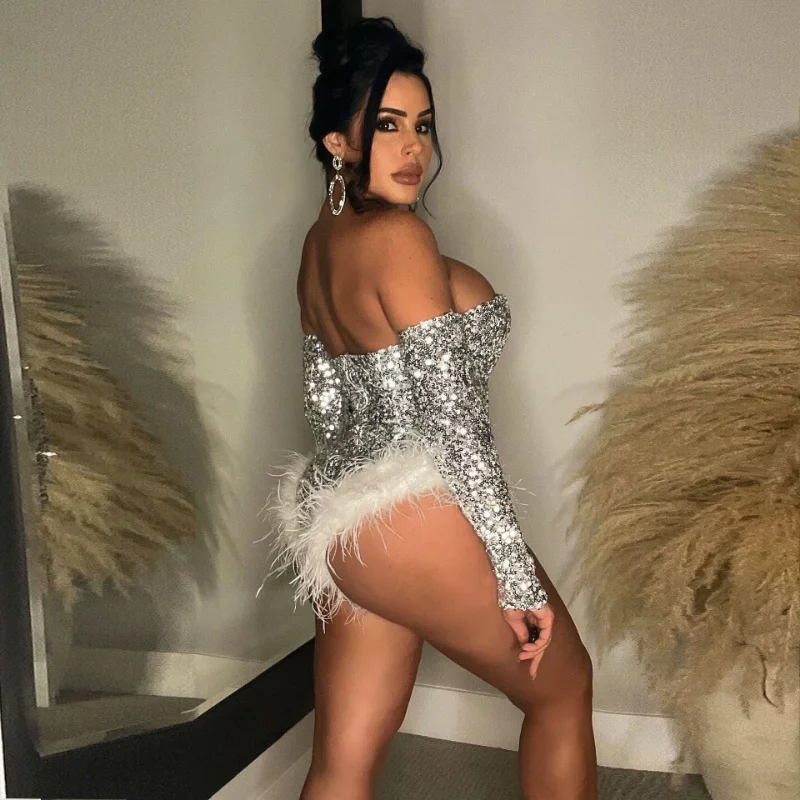 Silver Gold Sequin Feather Bodysuits Women Strapless Body Suit Tops Club Rompers Party Nightclub Sexy Bodycon Corset Jumpsuits