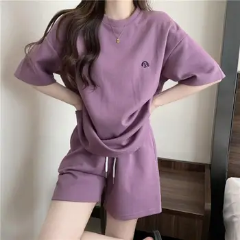 2026 Women Tracksuit O Neck Pure Color Short Sleeve T-shirt Drawstring Knee Length Shorts Sport Clothes Summer Women Outfit 80% 1