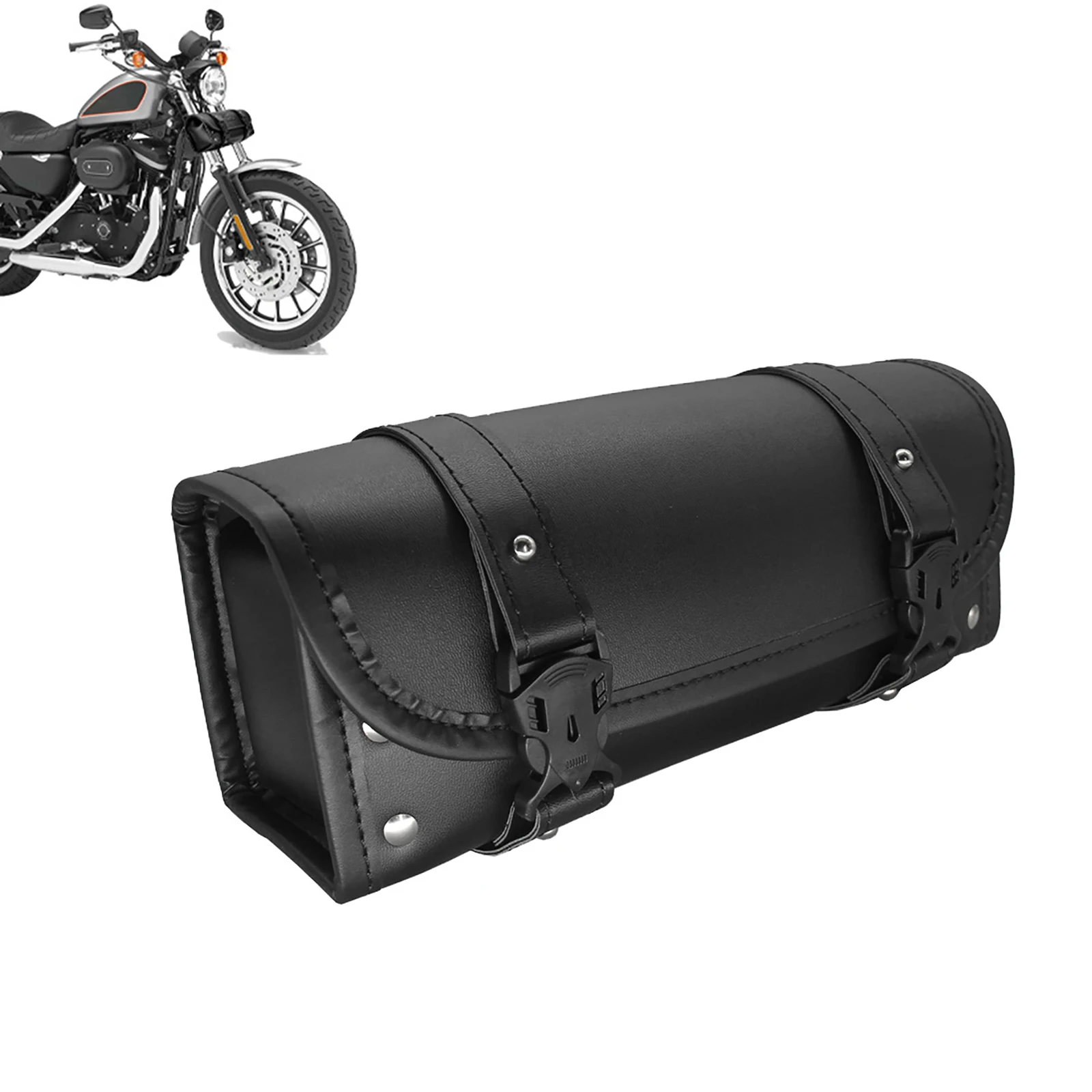 Universal PU Leather Motorcycle Fork Tool Bag with 2 Adjustable Buckle Straps Handlebar Sissy Bar Storage Luggage Bag