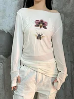 Onalippa Fashion Printed Lazy Style Off Shoulder T-shirt Slightly Transparent Round Neck Design Long Sleeved Base Top 2025 New - Image 5