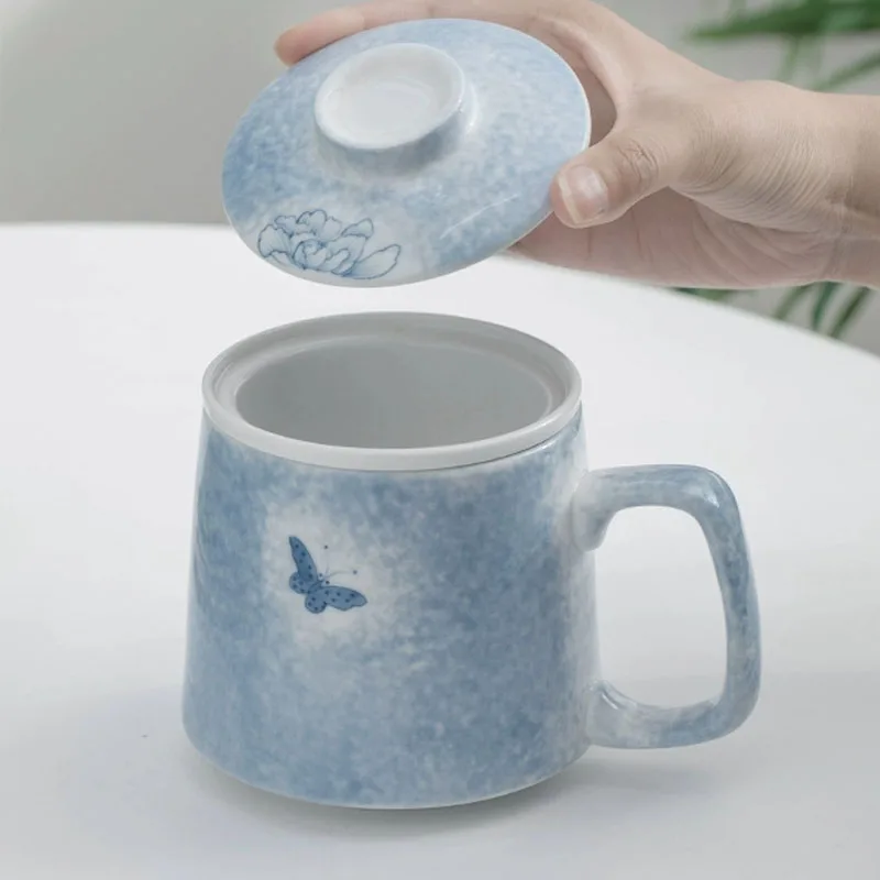 Hand Drawn Butterfly Love Flower Pattern Tea Water Separating Ceramic Office Tea Cup, Porcelain Belt Cover Filter Mug 350ML, 1Pc