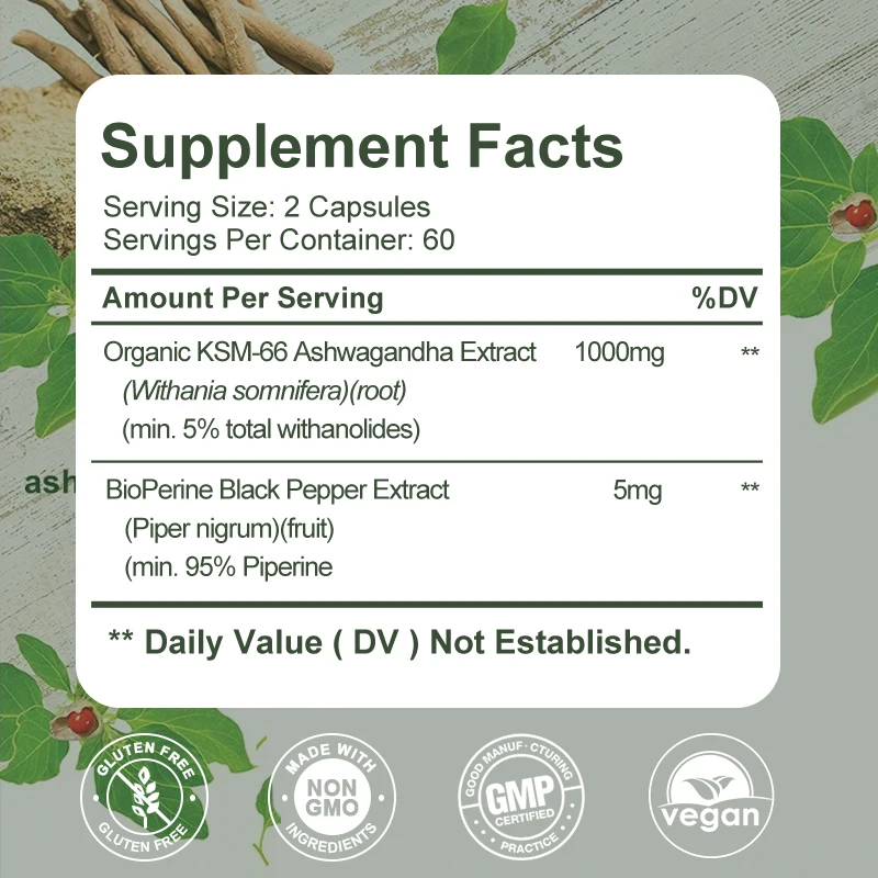 KSM-66 Ashwagandha with 5% Withanolides for Natural Stress Relief, Cognitive Function, Brain & Vitality, and Mood Support