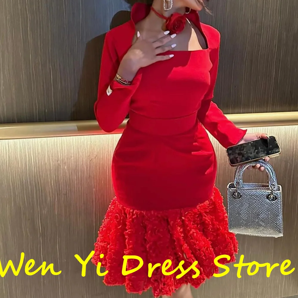 Customized Square Neck Jersey Straight Long Sleeves Short Elegant Party Gowns Pleats Solid Color Flowers Bespoke Occasion Gown