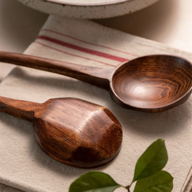 Round Long Handle Ramen Wooden Spoon Japanese Tablespoons Large Soup Ladle Tableware Serving Home Kitchen Cooking Utensils