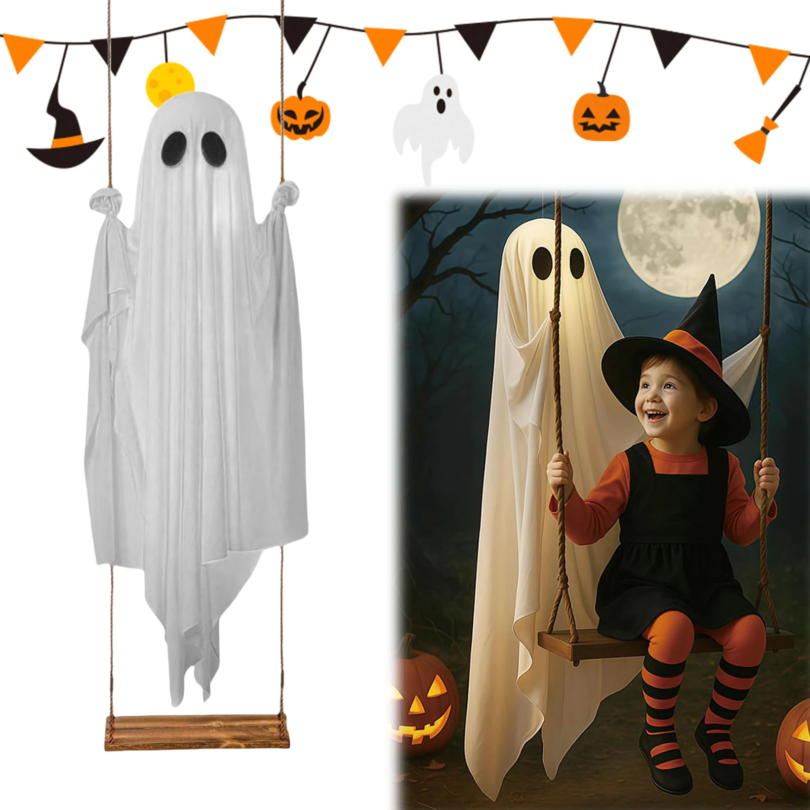 Halloween Hanging Swing Ghost Decor LED Adjustable Ghost Decorations Battery Powered Spooky Ghost Ornament for Porch Yard Trees