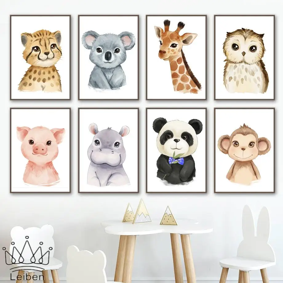 

Giraffe Monkey Panda Leopard Hippo Koala Owl Poster Nursery Wall Art Canvas Painting Modern Cartoon Animal Pictures Home Decor
