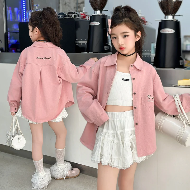 어린이용 핑크 그린 컬러 긴팔 하이 로우 커브드 헴 셔츠, 십대 소녀들을 위한 캐주얼 봄 의류, 키즈 스쿨 코튼 블라우스