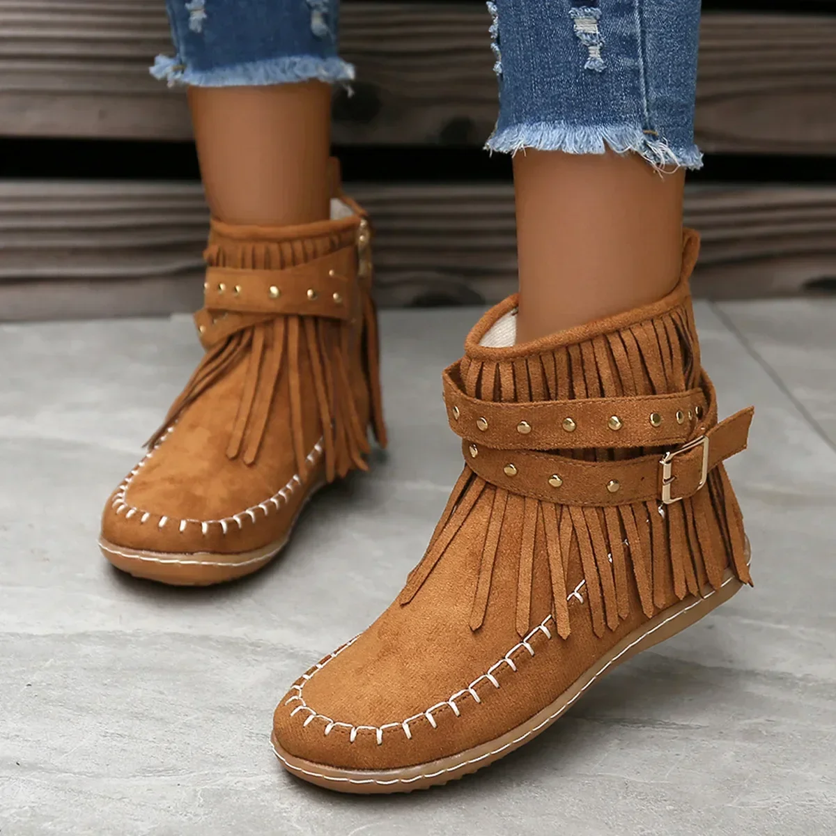 Retro Women Tassels Round Toe Short Boots Boots Women Winter Casual Flat Rivet Buckle Flat Ankle Boots Warm Shoes Footwear