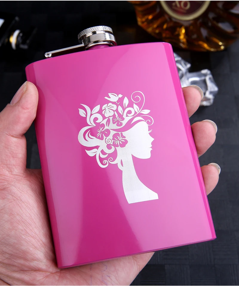 8 Unzen Rose rot tragbare Outdoor-Metall Ms. Stil Edelstahl Flach mann benutzer definierte Logo Geschenk für Frau Mode Wein Alkohol Flagon – Detail 6
