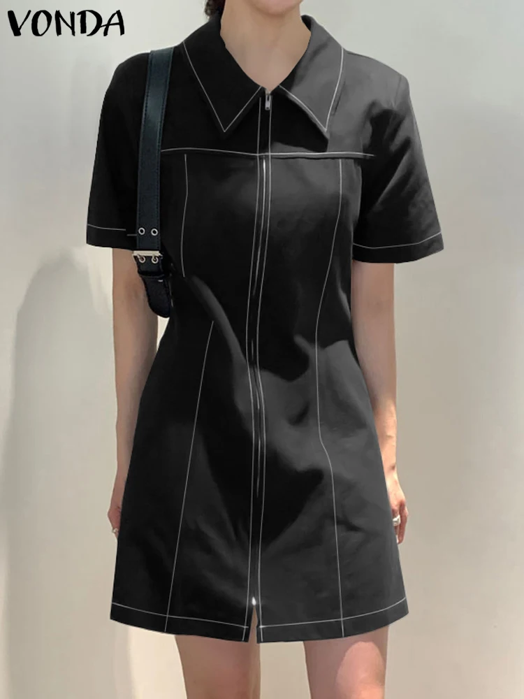 

Women Elegant Mini Dress 2023 VONDA Office Lady Sundress Sexy Lapel Neck Summer Party Short Dress Casual Loose Robe Femme Baggy