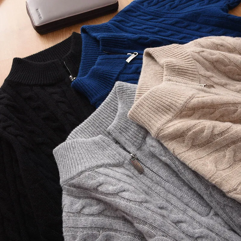 Plus Size 4XL Cashmere Sweaters Men Jumpers Standing Neck Half Height Zipper Long Sleeve Pullovers Fit Male Woolen Knit Jumpers 5