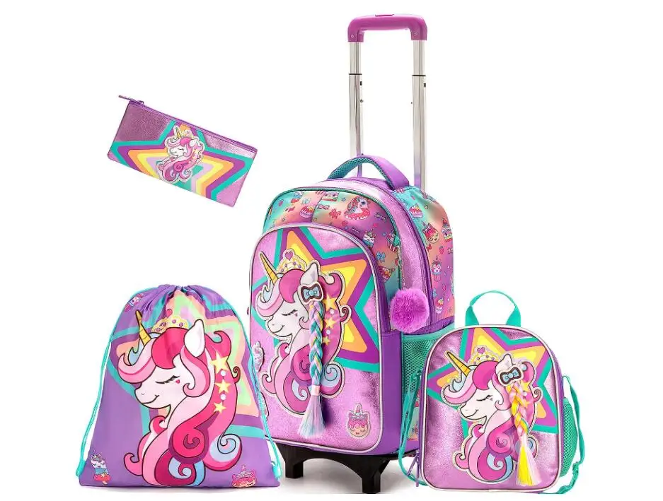School Wheeled Trolley Bags for Girls School wheeled Backpack Set 4 pcs / set Lunch bag Pen Bag Children's Rolling luggage Bags