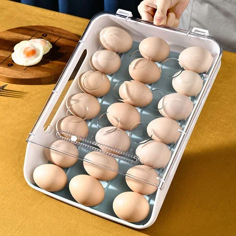 

New Automatic Rolling Egg Box Kitchen Items Refrigerator Storage Organizer Household Transparent Drawer Tray Space Saver