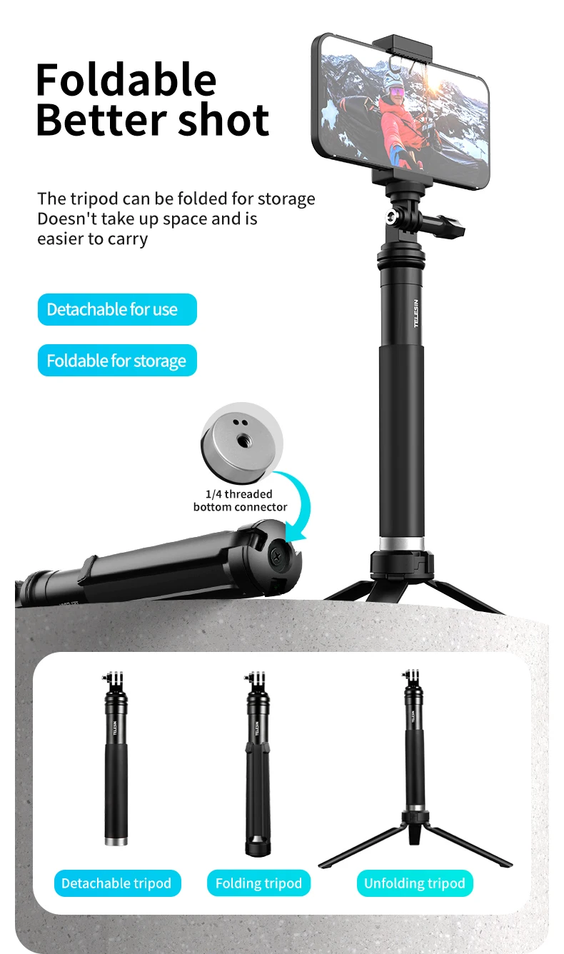 For GoPro Selfie Stick 360° Rotation Foldable Tripod Phone Holder Aluminum Alloy