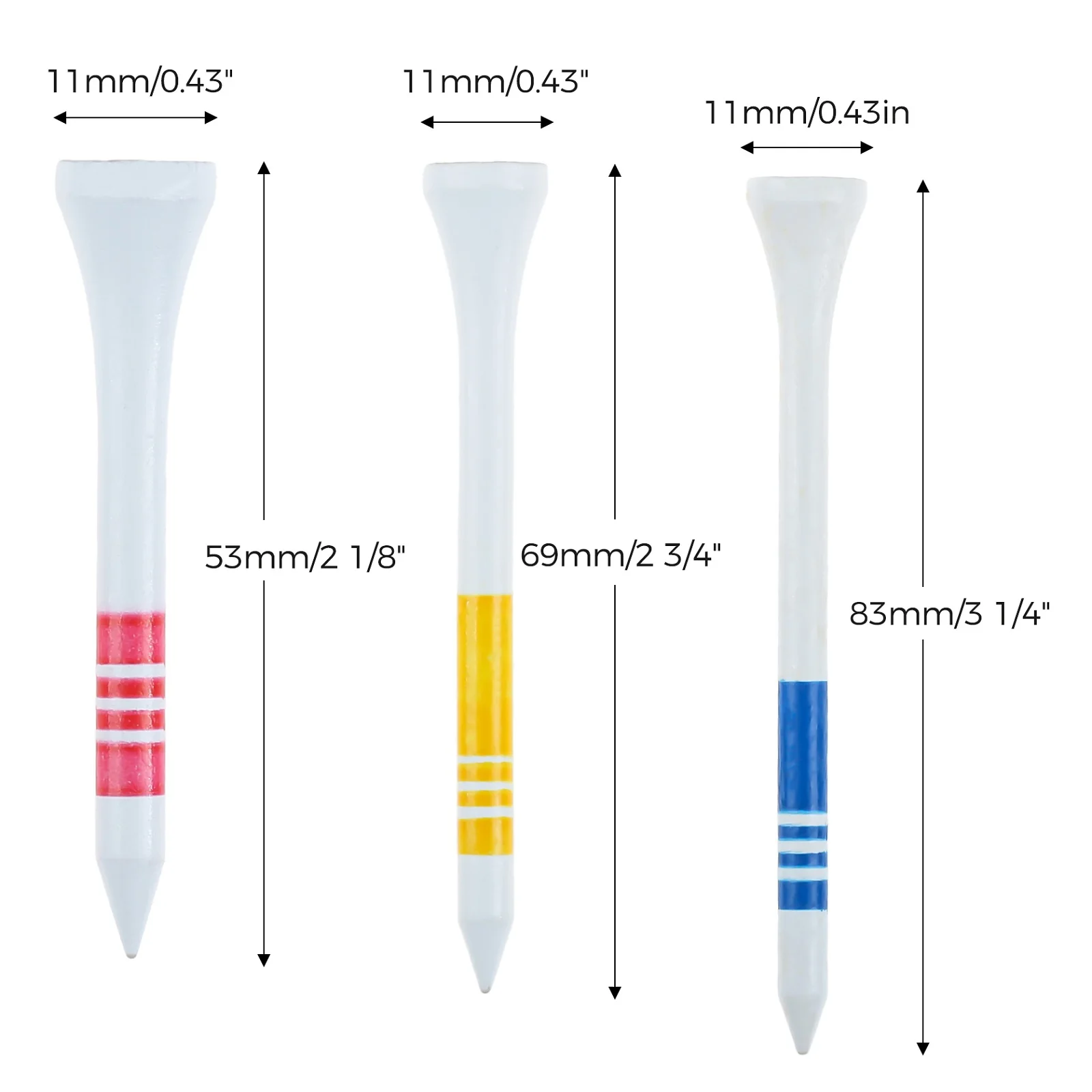 Description Picture 4 of item25pcs Professional Golf Tees White with Red/Yellow/Blue Stripe Mark Scale 53mm/69mm/83mm Wooden Golf Ball Tees Practice Supplies