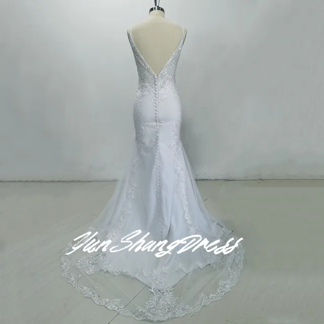 Lace Mermaid Wedding Dresses Spaghetti Straps Sexy V-Neck Backless Appliques Sleeveless Button Long Bride Gown Train Real Photos 4