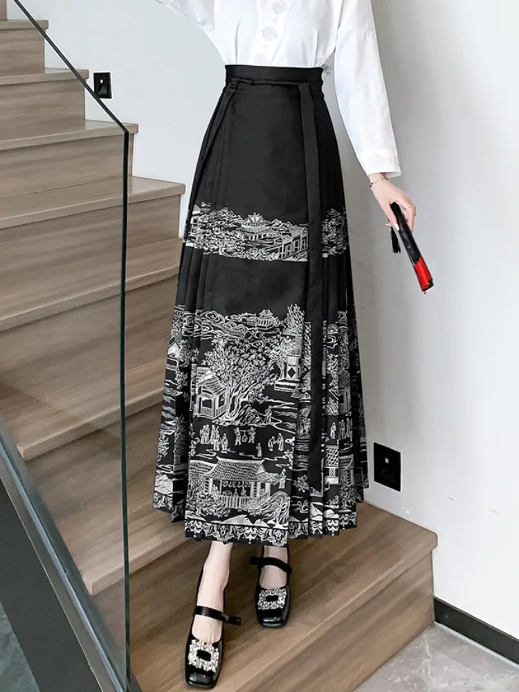 Chinese Style Printed Skirt 2024 New Autumn Vintage Women's Small Daily Commuter Improved Hanfu Horse-Face Mid-length Skirts