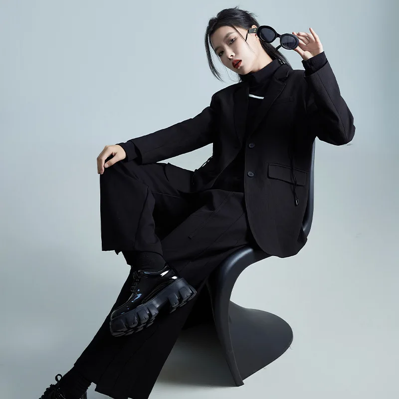 Comfy Soft Cotton Blazers Women 2024 Spring Fall Tailored Coat Black Office Lady Business Jacket Loose Fit Ribbons Split Hem