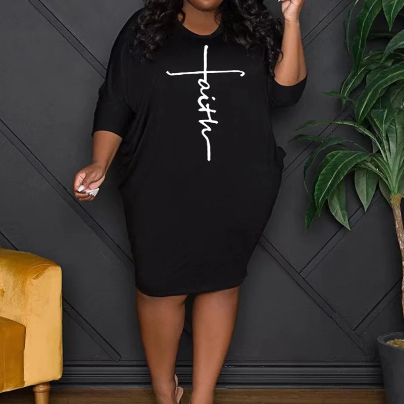 Spring Summer Clothes for Women Fashion Letter Printing Three Quarter Sleeve Round Neck Loose Plus Size Casual Midi Dresses
