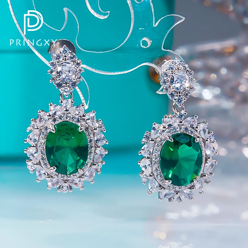 PRINGXY Trendy Emerald Ruby Diamond 925 Sterling Silver Wedding Platinum Plated Drop Earrings For Women Anniversary Fine Jewelry