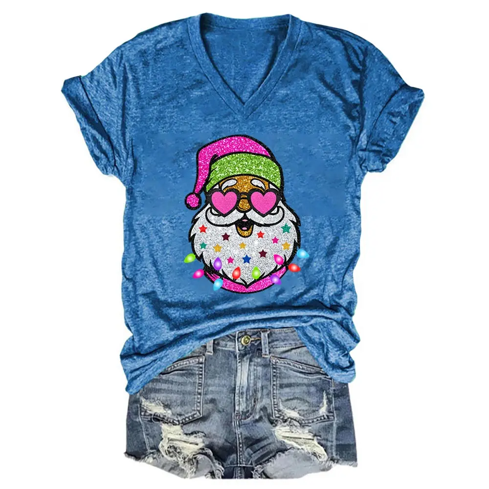 

Rheaclots Christmas Santa With Sunglasses Printed V-neck Short Sleeve T-Shirt