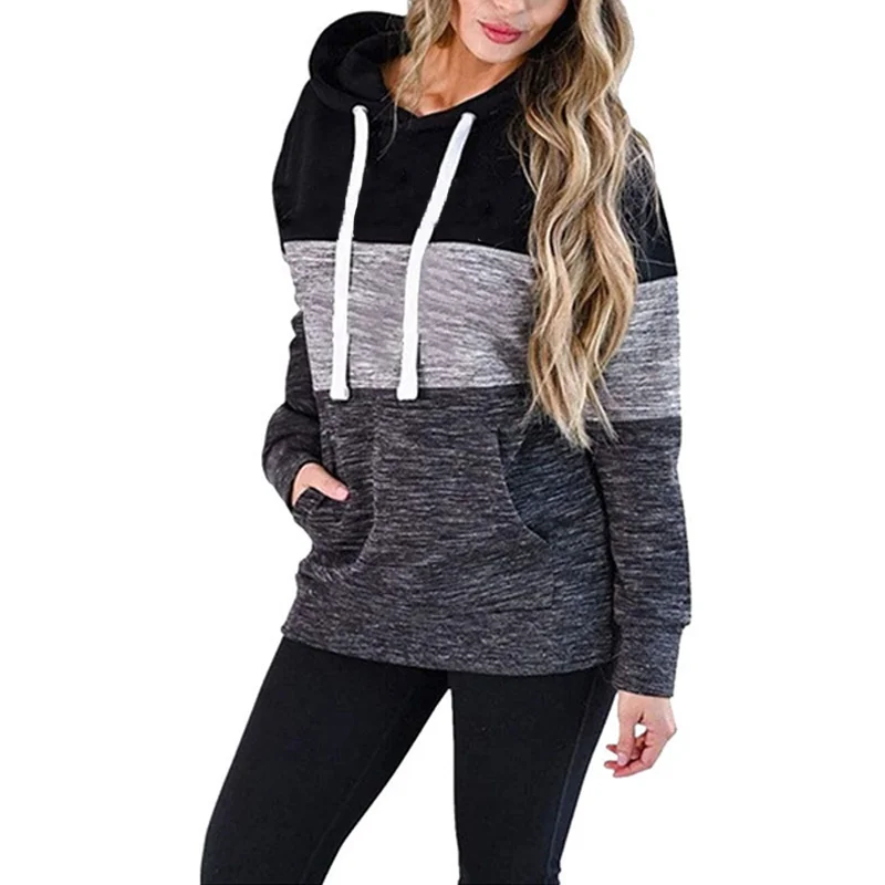 Autumn and Winter Womens Long Sleeve Fleece Pullover Hoodie Sweatshirts Color Stitching Striped Hoodies Tops