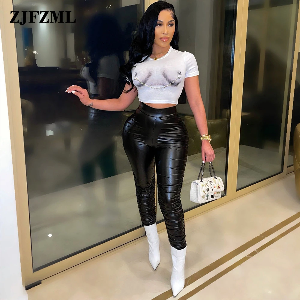 Faux Leather Ruched Leggings Fashion 