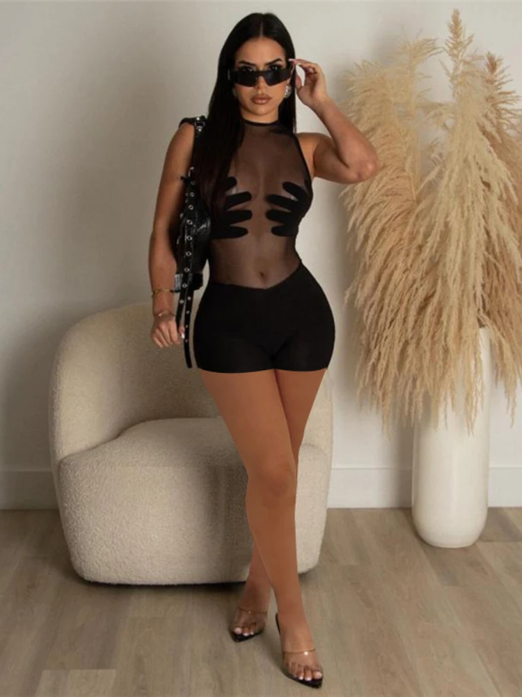 XIZOU Gauze Skinny Jumpsuit Rompers Sleeveless See Through Sexy Playsuits Women Streetwear Fitness Summer One Piece Outfits 2023