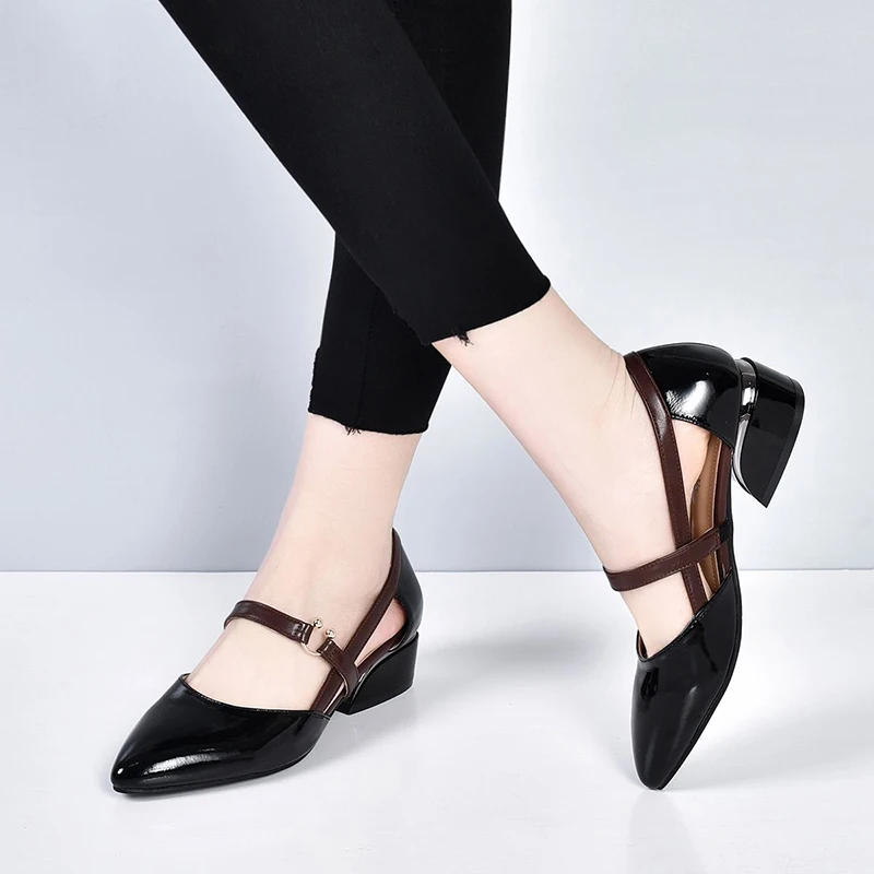 Leather Soft Leather Sandals Women Summer Fashion Bag With Pointed Tip Lace Up Heels Thick And Low-Heel Hollow Work Shoes women shoes,women sandals