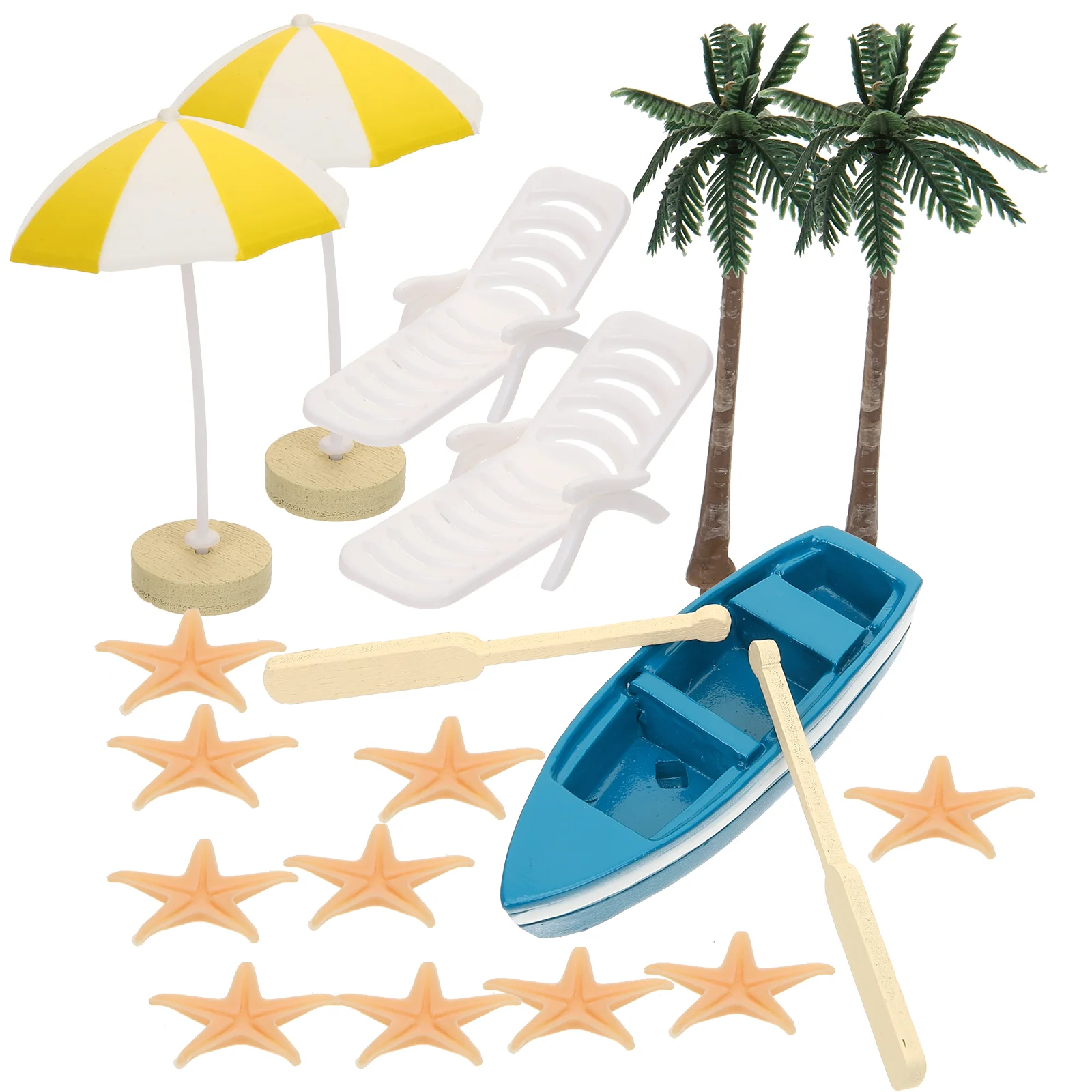 

17 Pcs Beach Mini Decoration Kit Palm Tree Boat Suite Chair Tiny Synthetic Resin Umbrella Seaside Miniature Accessories