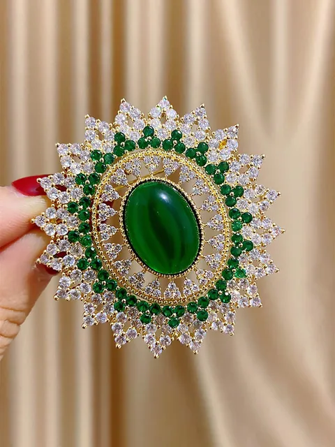 Vintage Antique Baroque Style Brooch Pin – Red Green Shiny Cubic Zirconia – Scarf Or Jacket Pin For Women