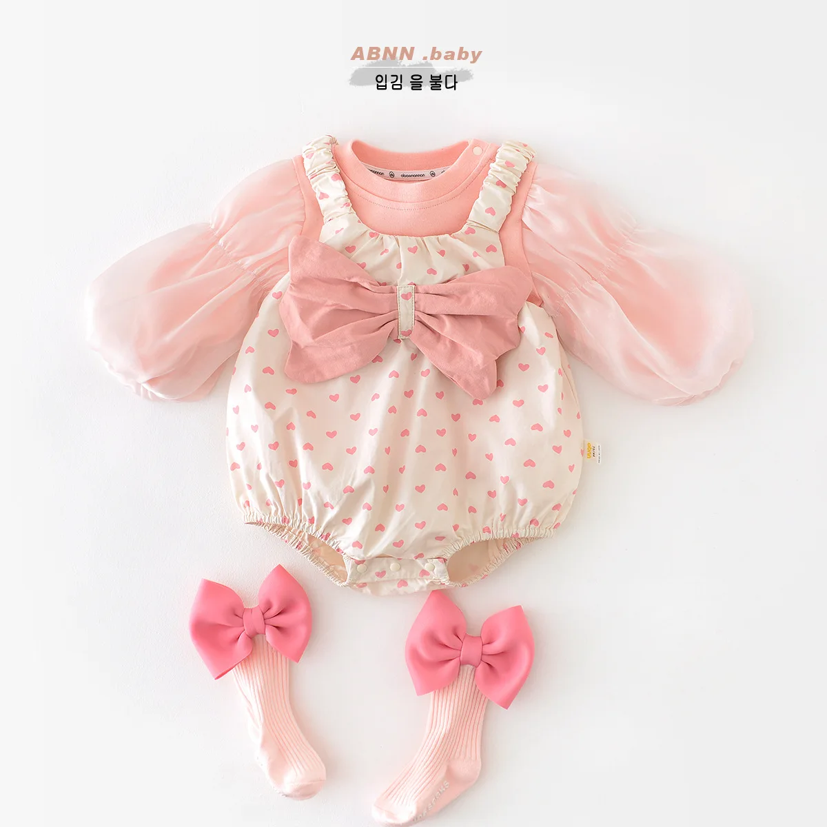 

Spring Baby Girls 2PCS Clothes Set Gauze Double Sleeve Top Love Print Bow Princess Bodysuit Toddler Girl Outfit Infant Girl Suit